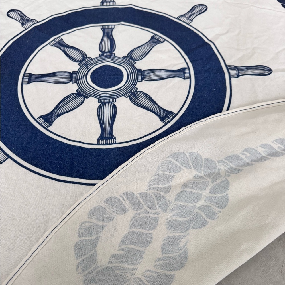 Nautical Round Table Cloth with Ship Wheel & Rope Design - Navy on White 53.5” - Picture 5 of 6